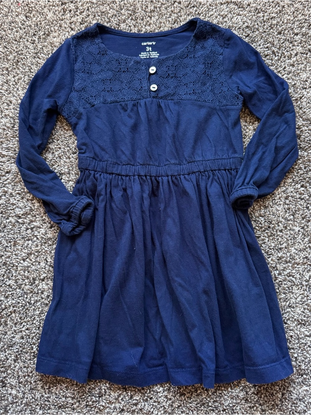 Carter's Navy Blue Long-Sleeve Lace Yoke Girls Dress - 3T